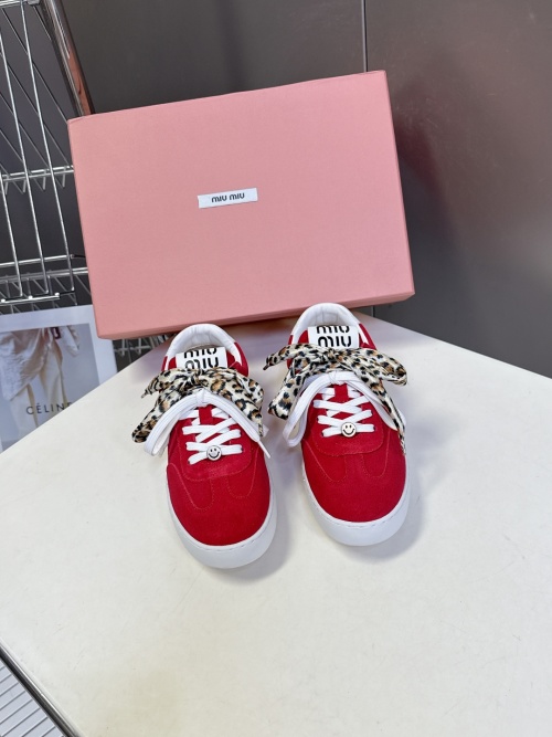 Miu Miu Women's Red Sneakers with Leopard Print Laces - Retro Style 1 Miu Miu Women's Red Sneakers with Leopard Print Laces - Retro Style
