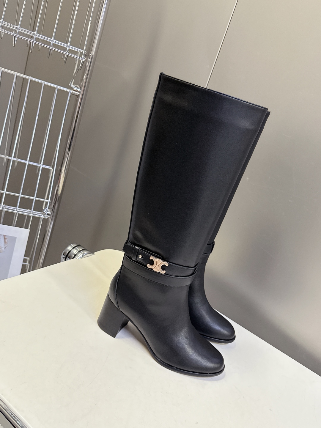 Celine Women's Black Leather Heeled Knee High Boots with Logo Accent 4 cmp i1758196616903 4739 0 1