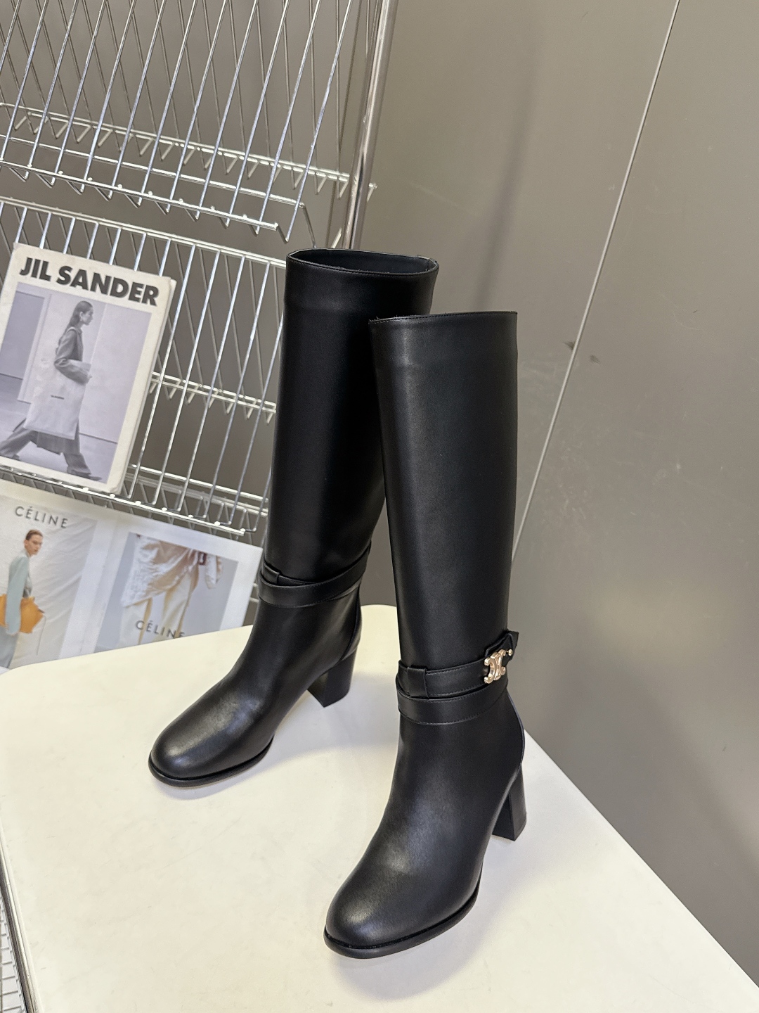 Celine Women's Black Leather Heeled Knee High Boots with Logo Accent 6 cmp i1758196616903 5637 0 3