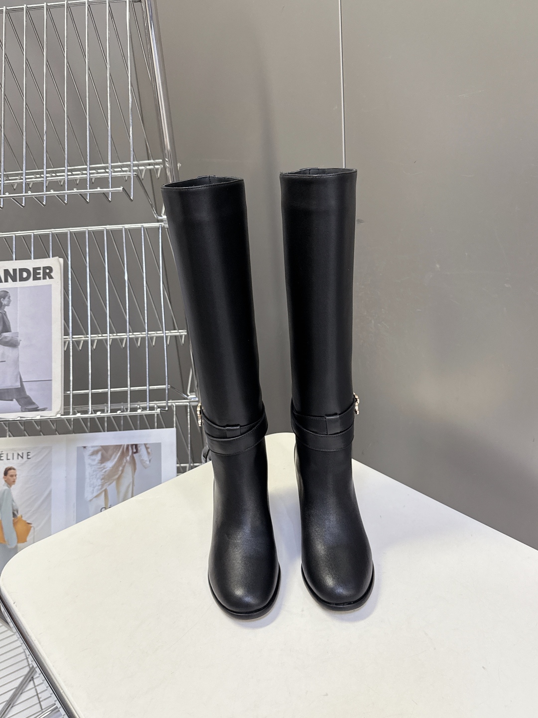Celine Women's Black Leather Heeled Knee High Boots with Logo Accent 3 cmp i1758196616908 7781 0 0