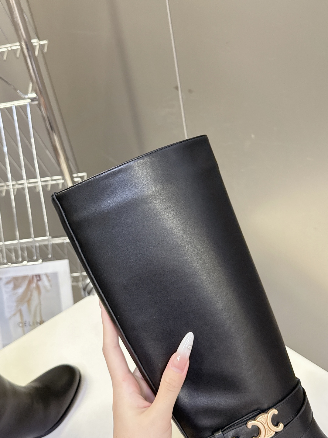 Celine Women's Black Leather Heeled Knee High Boots with Logo Accent 8 cmp i1758196633507 6448 0 6