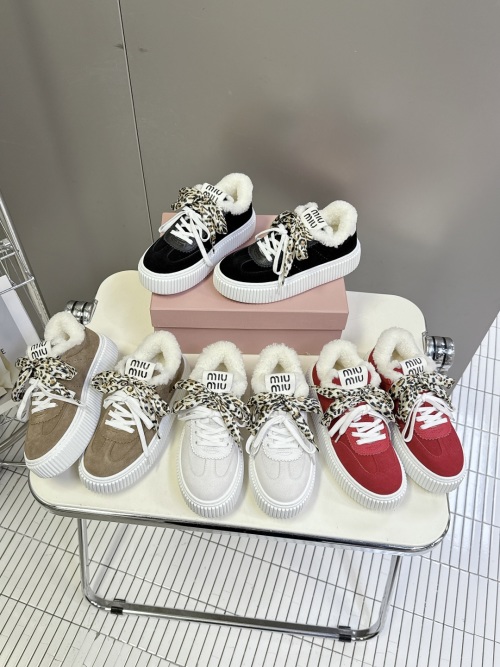 Miu Miu Women's Shearling-Lined Sneakers with Leopard Print Laces 1 Miu Miu Women's Shearling-Lined Sneakers with Leopard Print Laces