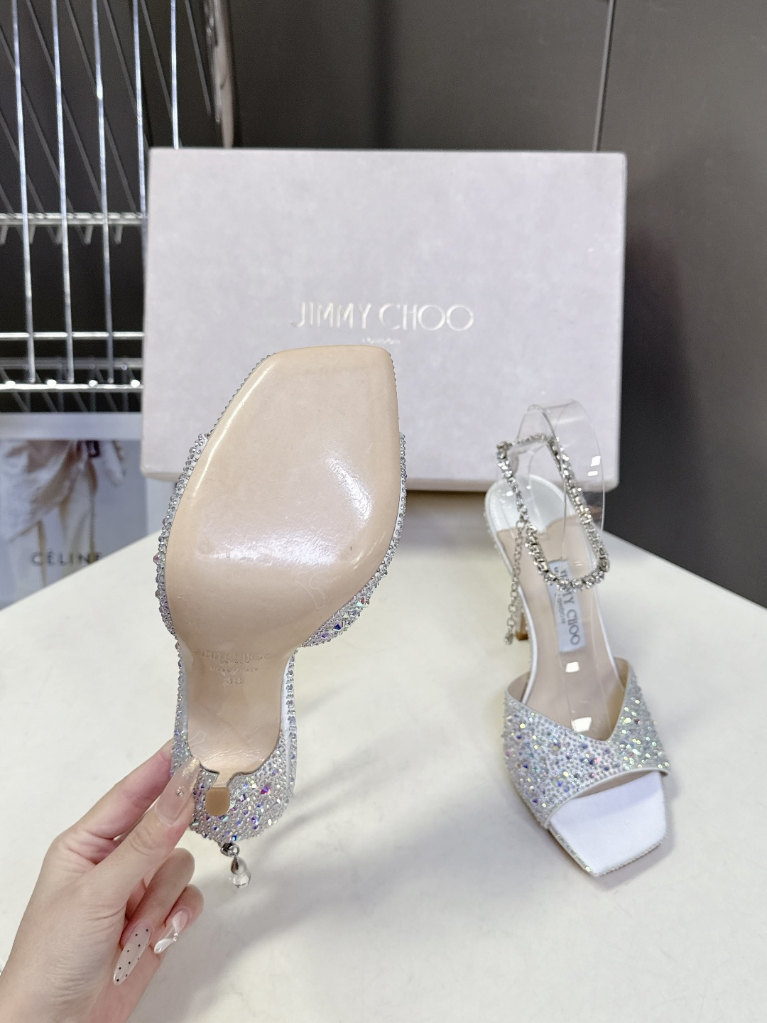 水钻星空🎀JlMMY CHOO🎀摩登鞋履，街拍神器SAE水晶链高跟凉鞋 尖拖系列 幻彩拼色烫钻款 夺目彩