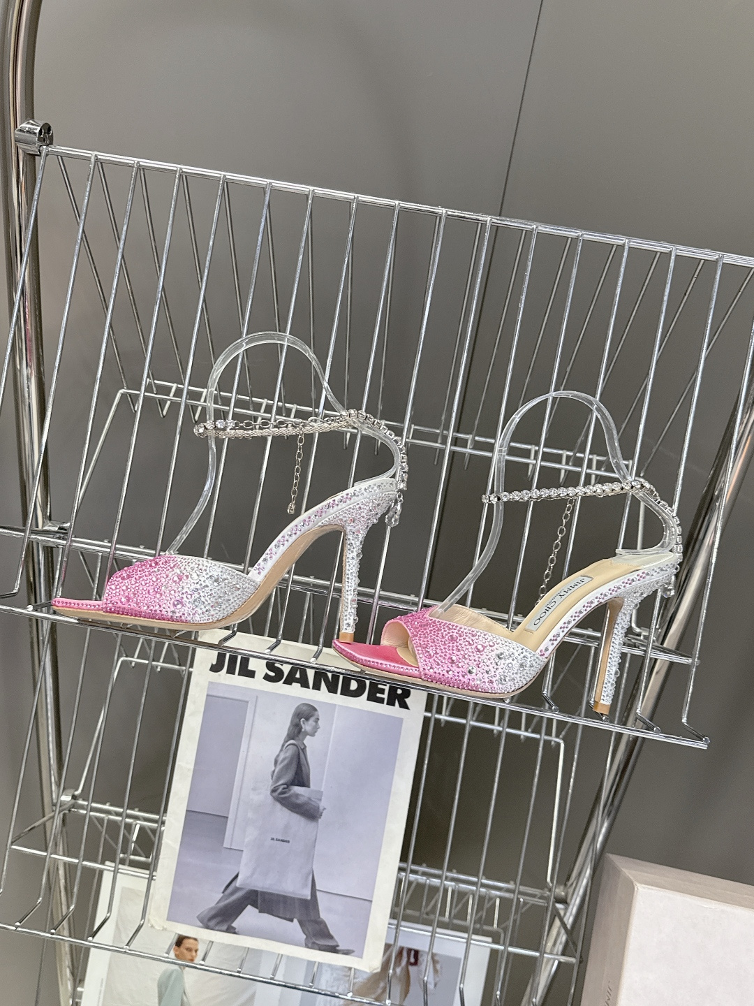 水钻星空🎀JlMMY CHOO🎀摩登鞋履，街拍神器SAE水晶链高跟凉鞋 尖拖系列 幻彩拼色烫钻款 夺目彩