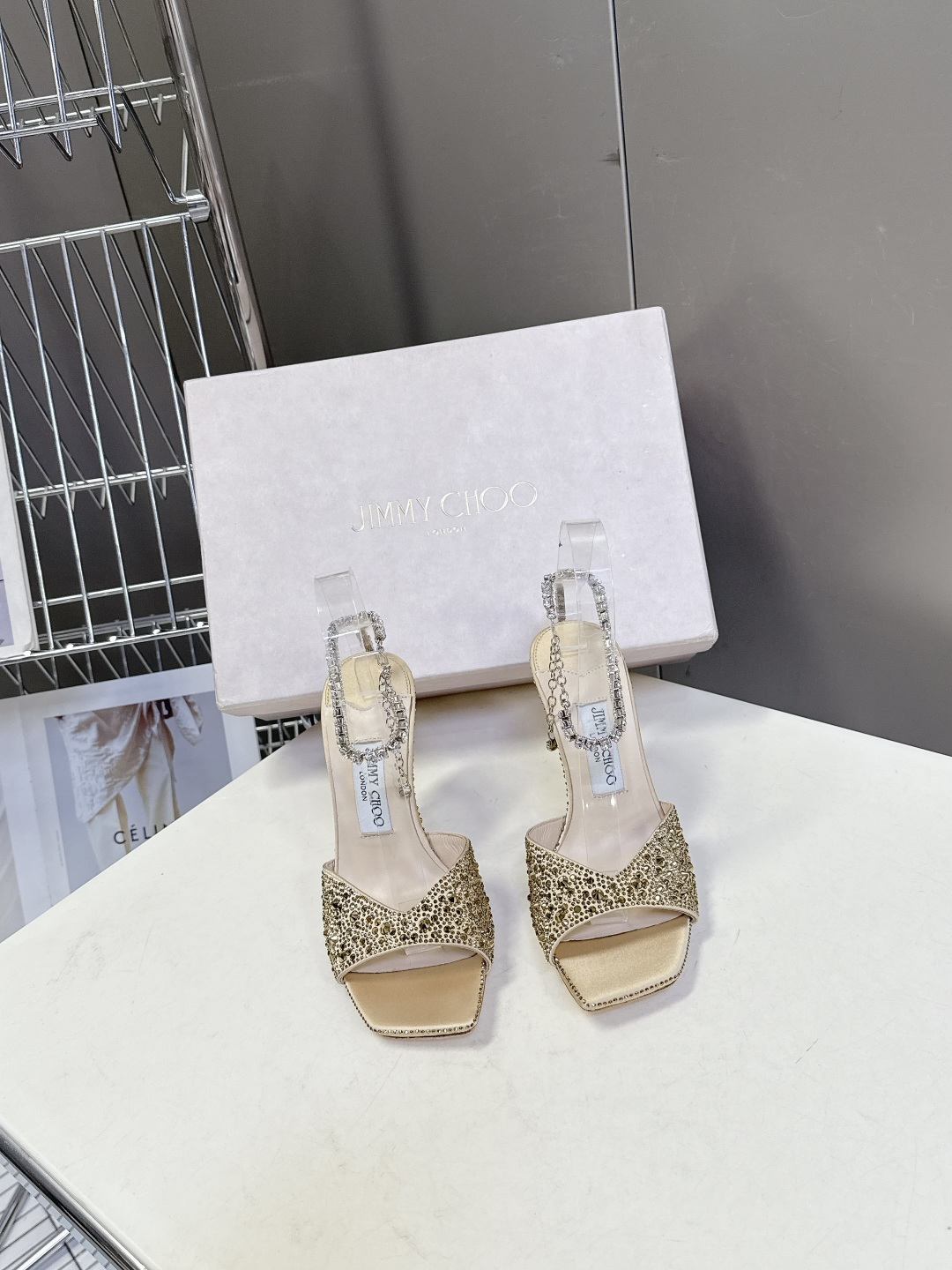 水钻星空🎀JlMMY CHOO🎀摩登鞋履，街拍神器SAE水晶链高跟凉鞋 尖拖系列 幻彩拼色烫钻款 夺目彩