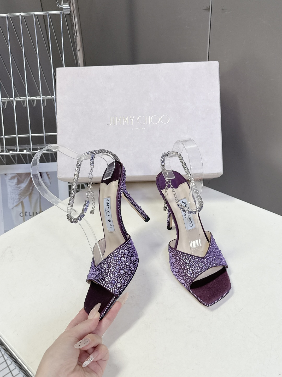 水钻星空🎀JlMMY CHOO🎀摩登鞋履，街拍神器SAE水晶链高跟凉鞋 尖拖系列 幻彩拼色烫钻款 夺目彩