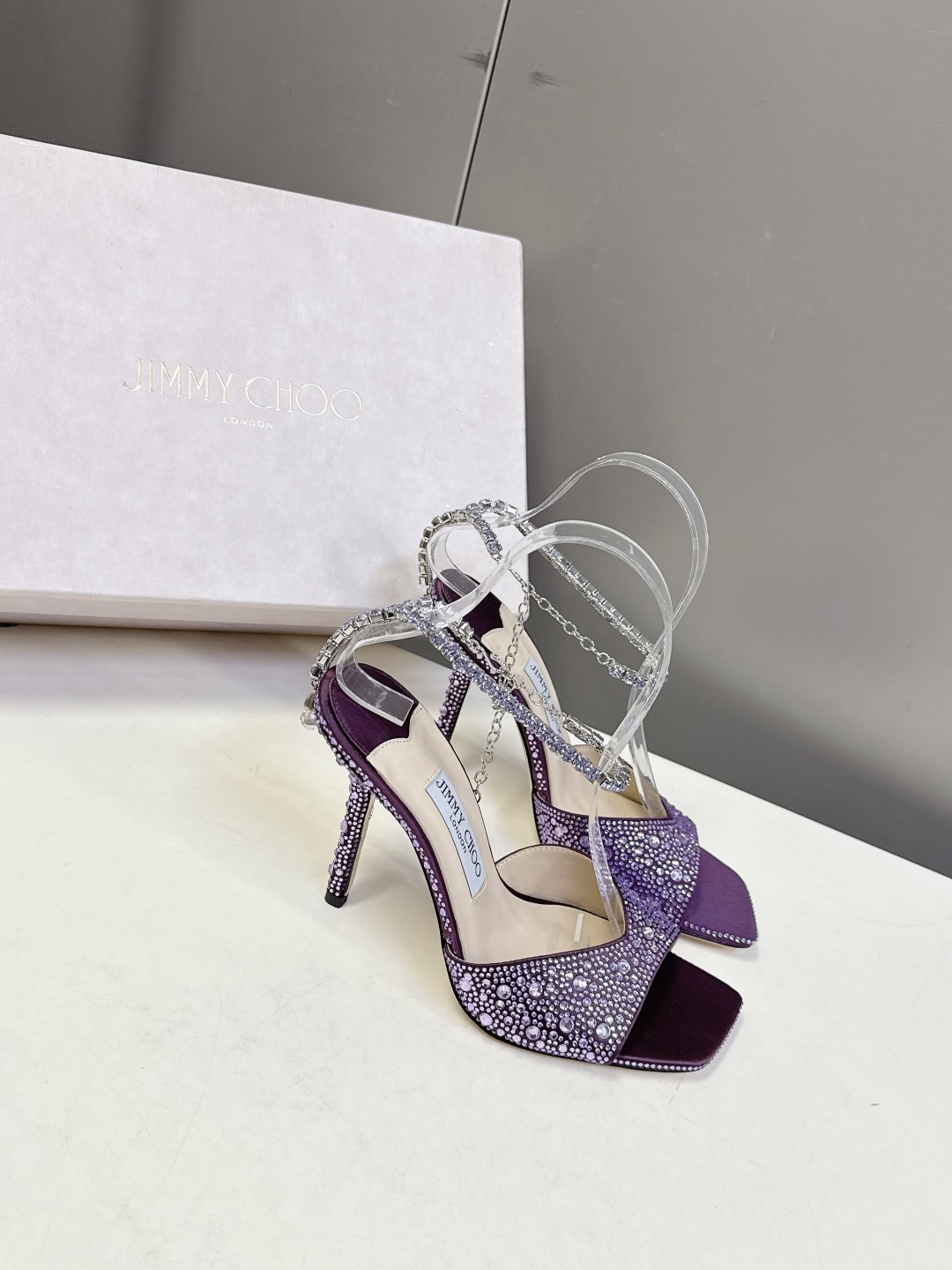 水钻星空🎀JlMMY CHOO🎀摩登鞋履，街拍神器SAE水晶链高跟凉鞋 尖拖系列 幻彩拼色烫钻款 夺目彩