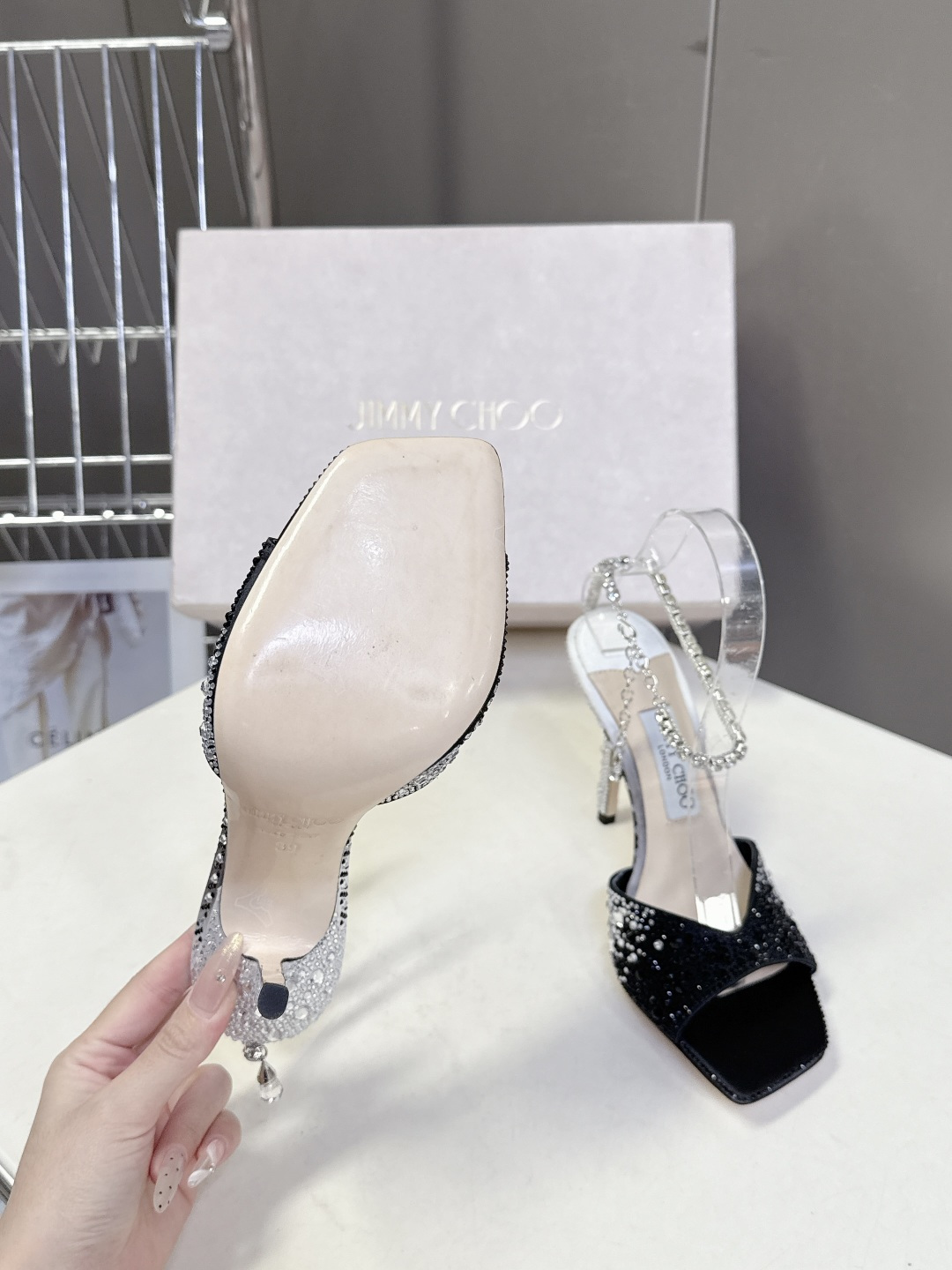 水钻星空🎀JlMMY CHOO🎀摩登鞋履，街拍神器SAE水晶链高跟凉鞋 尖拖系列 幻彩拼色烫钻款 夺目彩