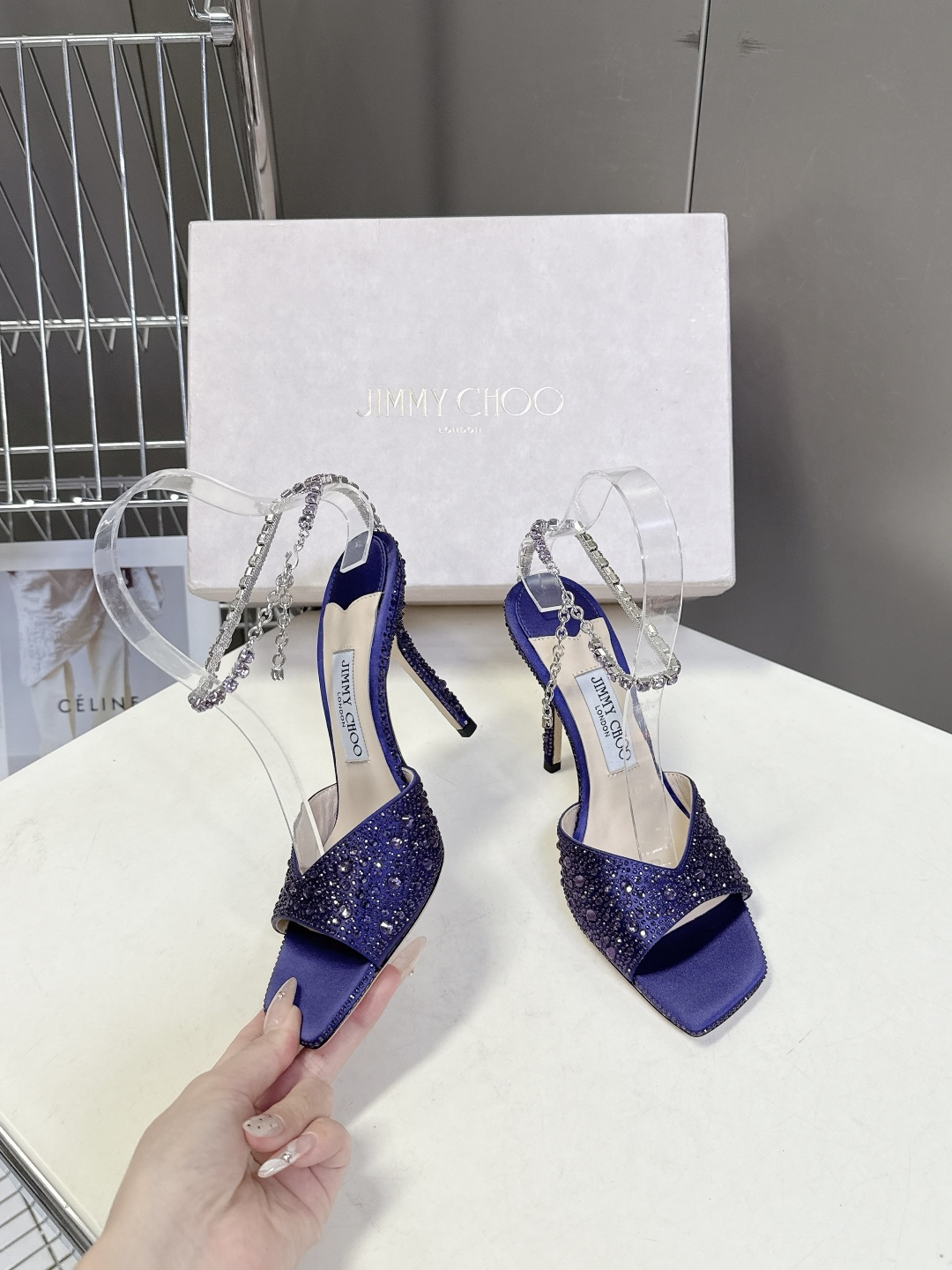 水钻星空🎀JlMMY CHOO🎀摩登鞋履，街拍神器SAE水晶链高跟凉鞋 尖拖系列 幻彩拼色烫钻款 夺目彩