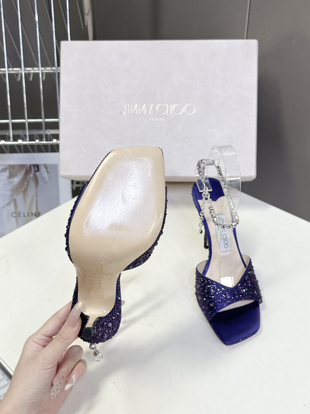 水钻星空🎀JlMMY CHOO🎀摩登鞋履，街拍神器SAE水晶链高跟凉鞋 尖拖系列 幻彩拼色烫钻款 夺目彩