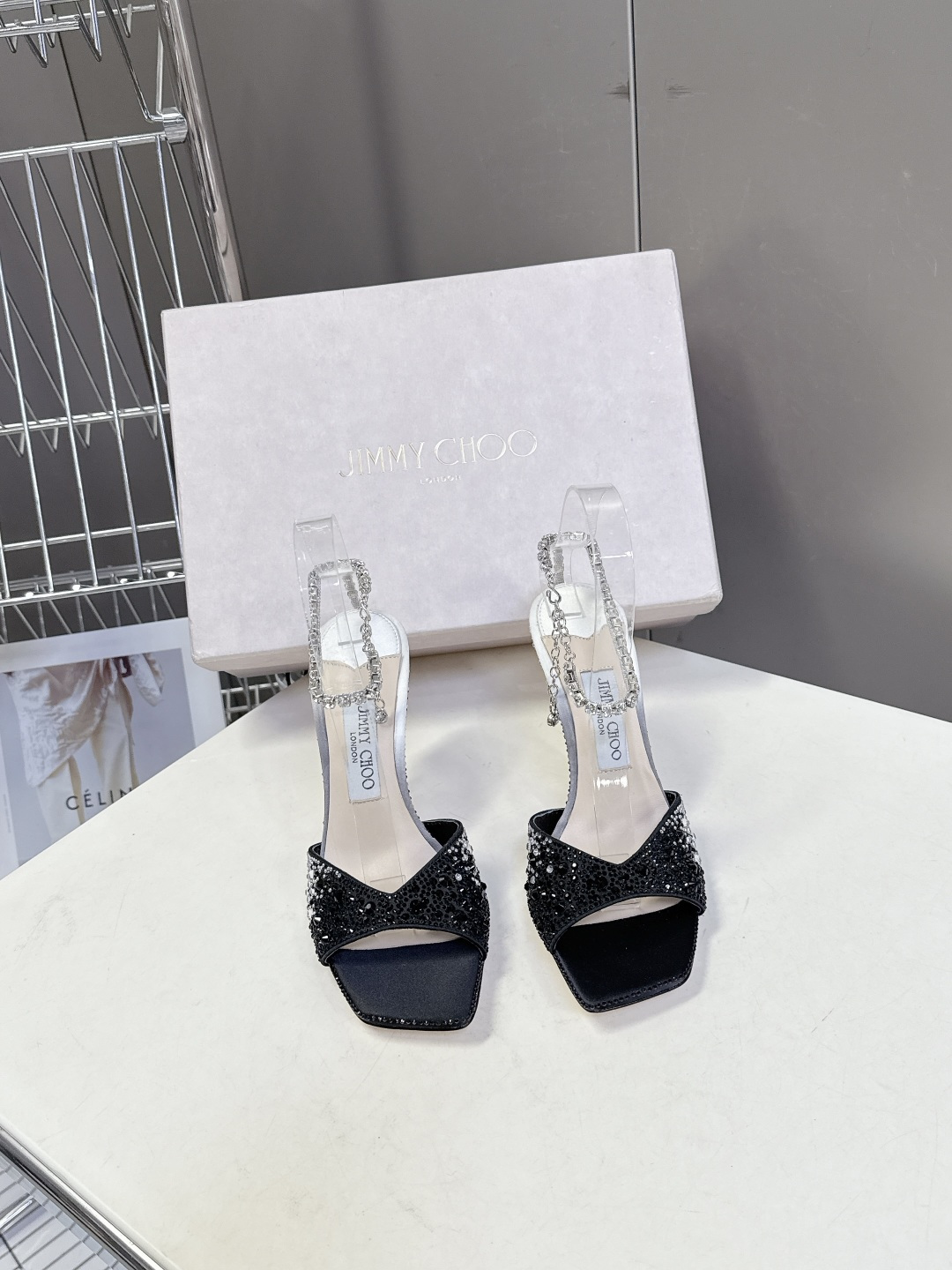 水钻星空🎀JlMMY CHOO🎀摩登鞋履，街拍神器SAE水晶链高跟凉鞋 尖拖系列 幻彩拼色烫钻款 夺目彩