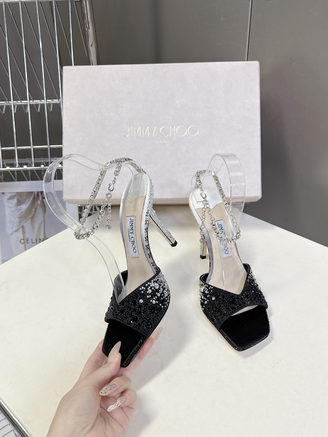 水钻星空🎀JlMMY CHOO🎀摩登鞋履，街拍神器SAE水晶链高跟凉鞋 尖拖系列 幻彩拼色烫钻款 夺目彩