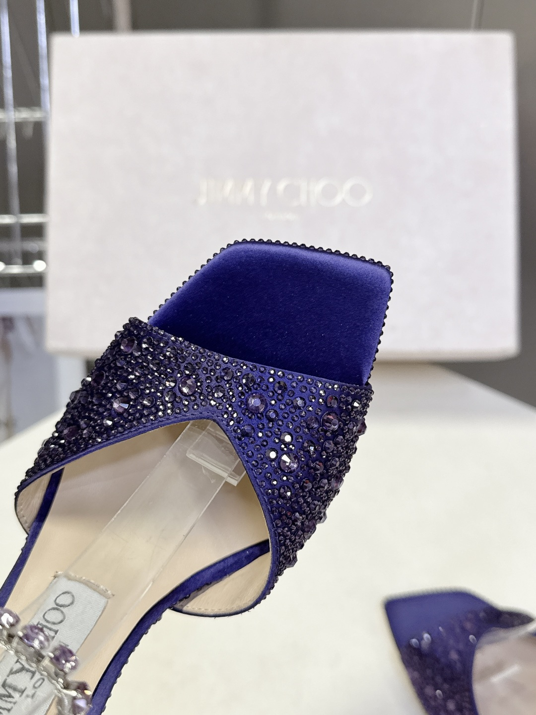 水钻星空🎀JlMMY CHOO🎀摩登鞋履，街拍神器SAE水晶链高跟凉鞋 尖拖系列 幻彩拼色烫钻款 夺目彩