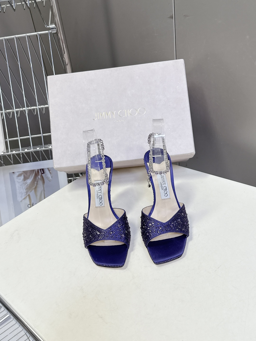 水钻星空🎀JlMMY CHOO🎀摩登鞋履，街拍神器SAE水晶链高跟凉鞋 尖拖系列 幻彩拼色烫钻款 夺目彩