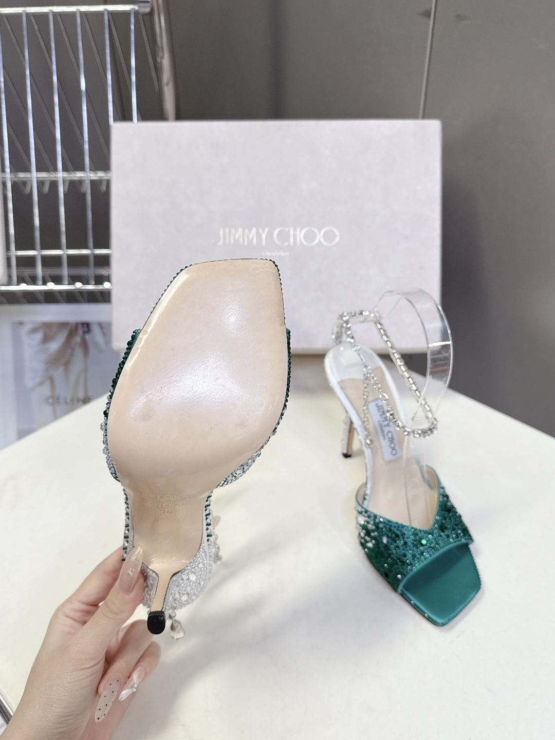 水钻星空🎀JlMMY CHOO🎀摩登鞋履，街拍神器SAE水晶链高跟凉鞋 尖拖系列 幻彩拼色烫钻款 夺目彩