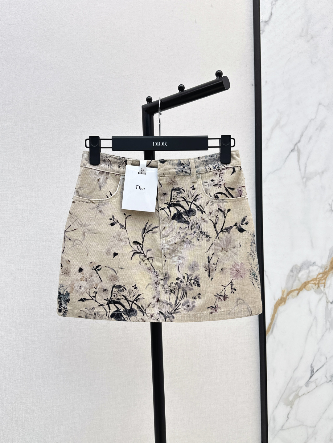 Dior Floral Print Denim Mini Skirt, Elegant High-Waisted A-Line Skirt