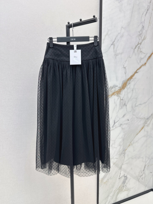 Dior Women's Black Flocked Polka Dot Tulle Pleated Midi Skirt 1 Dior Women's Black Flocked Polka Dot Tulle Pleated Midi Skirt