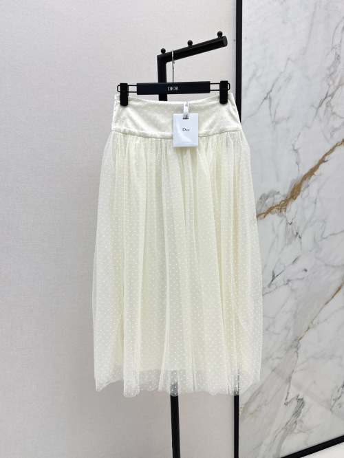Dior Women's White Polka Dot Mesh Pleated Midi Skirt - Elegant and Versatile
