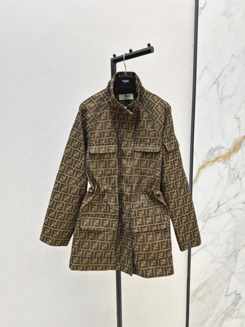 Fendi Women's Double F Jacquard Stand Collar Drawstring Waist Jacket 1 Fendi Women's Double F Jacquard Stand Collar Drawstring Waist Jacket