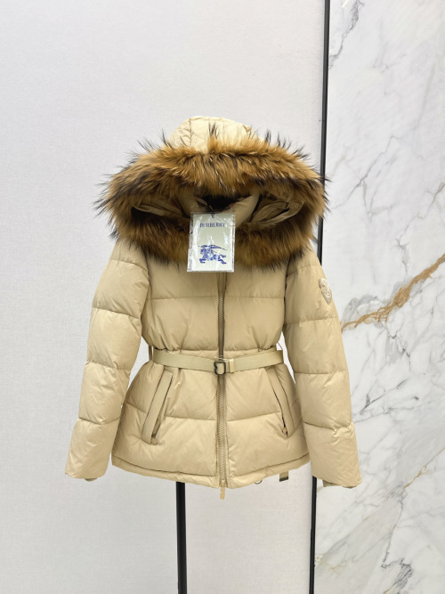 Burberry Women's Hooded Belted Down Puffer Jacket with Fur Trim