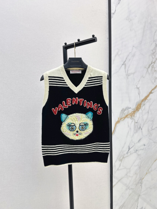 Valentino Women's V-Neck Knitted Vest with Cat Embroidery 1 Valentino Women's V-Neck Knitted Vest with Cat Embroidery