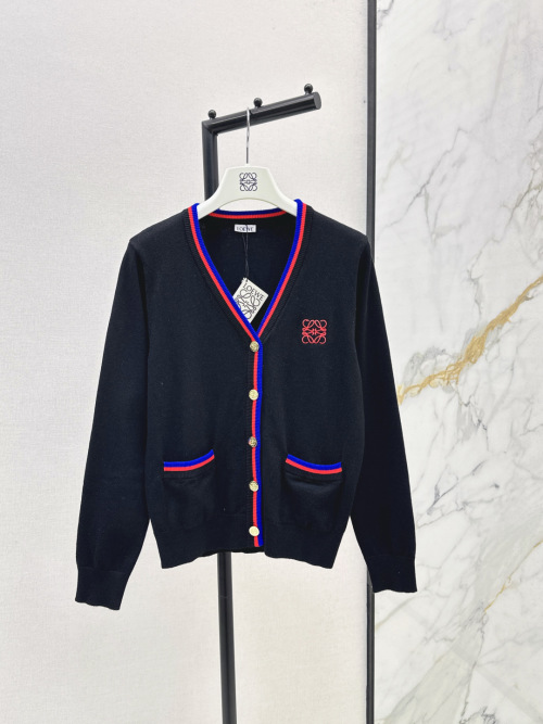 Loewe Women's Wool Cardigan with Embroidered Logo and Striped Trim 1 Loewe Women's Wool Cardigan with Embroidered Logo and Striped Trim
