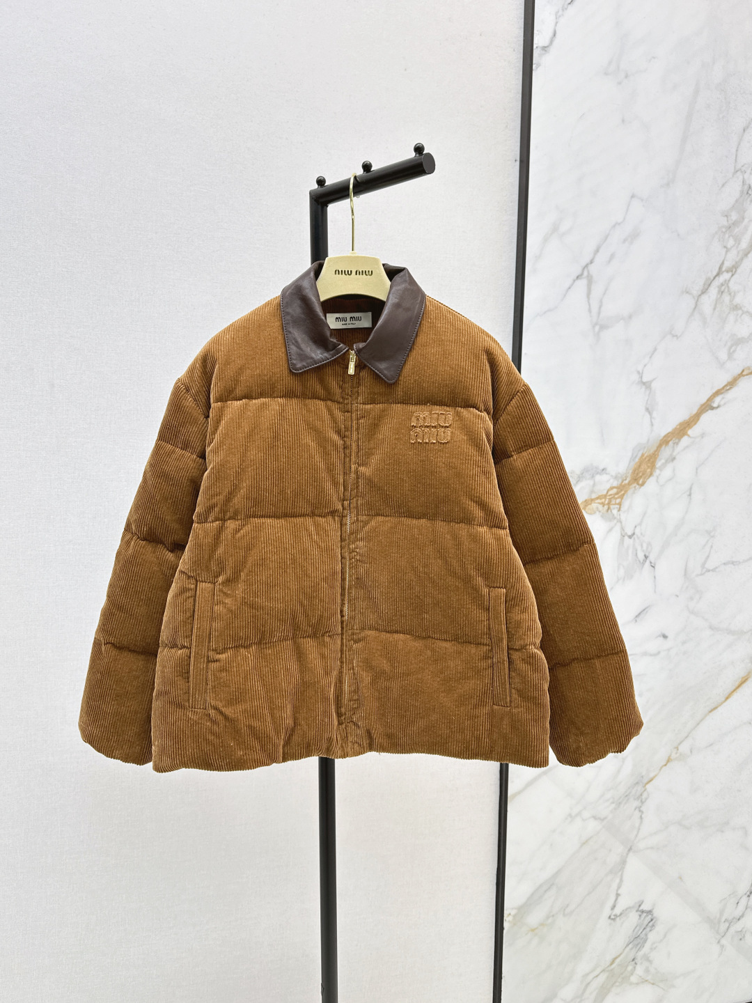 Miu Miu Corduroy Puffer Jacket with Leather Collar - Fall/Winter Collection