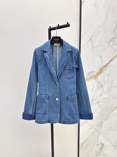 Saint Laurent Denim Blazer with Silver Brooch - Stylish & Versatile 1 Saint Laurent Denim Blazer with Silver Brooch - Stylish & Versatile