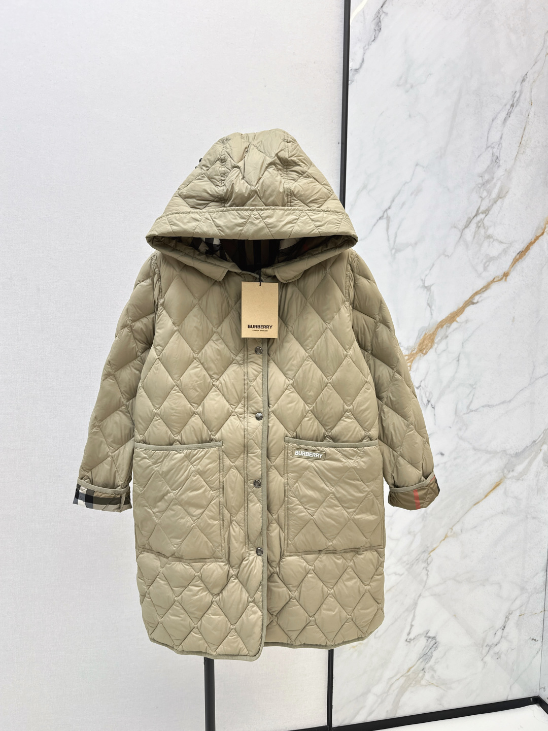 Burberry Quilted Hooded Padded Jacket, Long Down Coat Outerwear for Women