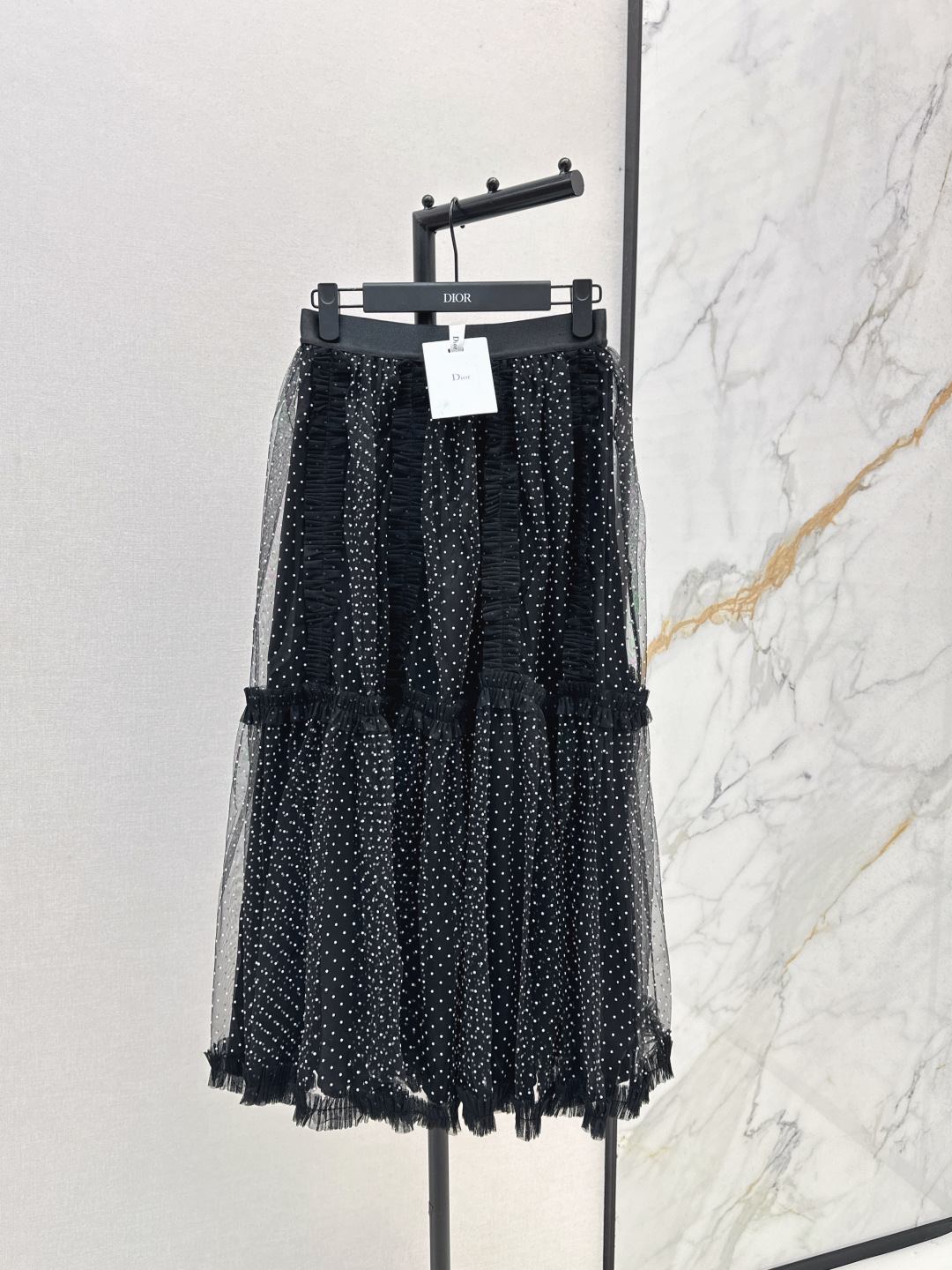 Dior Women's Black Polka Dot Mesh Midi Skirt Elegant High Waist A-Line