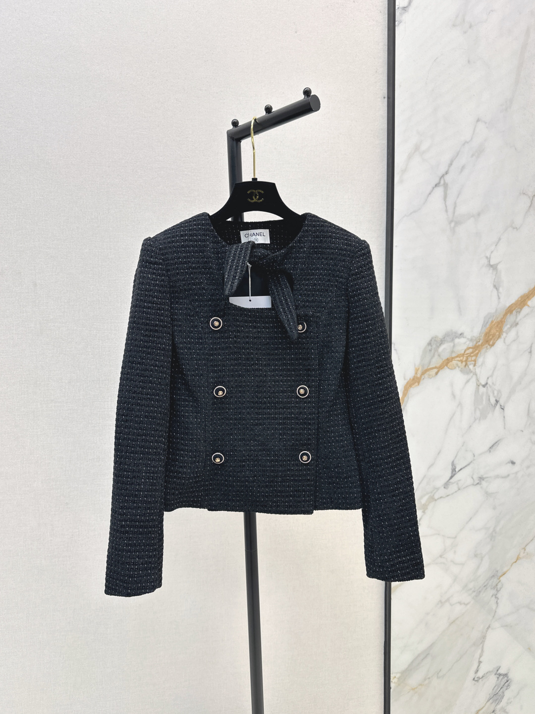 Elegant Tweed Jacket with Tie Neck and Gold Buttons 2 cmp i1756379855826 7460 0 0