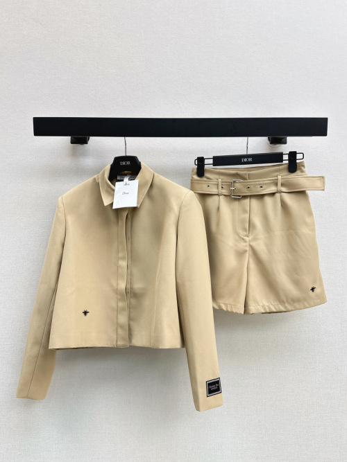 Dior Women's Beige Embroidered Bee Jacket and Belted Shorts Set 1 Dior Women's Beige Embroidered Bee Jacket and Belted Shorts Set