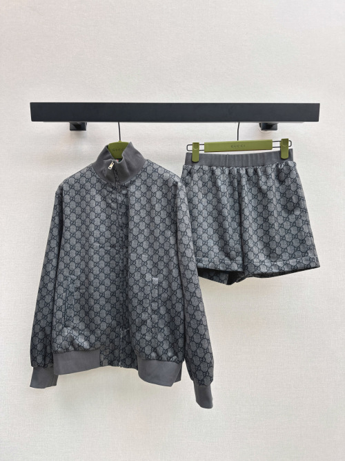 Gucci Women's Gray Double G Jacquard Knit Tracksuit Zip Up Jacket and Shorts 1 Gucci Women's Gray Double G Jacquard Knit Tracksuit Zip Up Jacket and Shorts