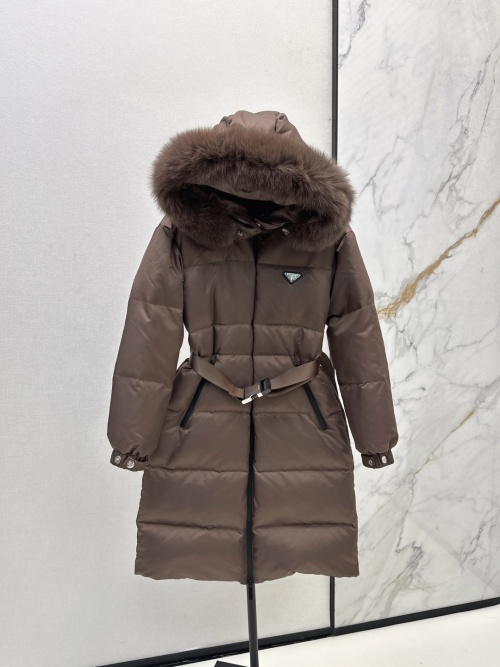 Prada Women's Down Puffer Coat with Fur Hood and Belt - Slim Fit 1 Prada Women's Down Puffer Coat with Fur Hood and Belt - Slim Fit
