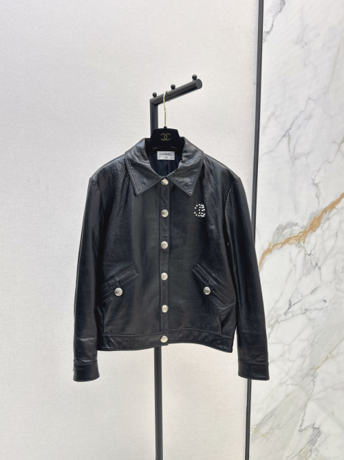Chanel 25SS Black Lambskin Leather Jacket with Logo Beaded, Women's Clothing 1 Chanel 25SS Black Lambskin Leather Jacket with Logo Beaded, Women's Clothing