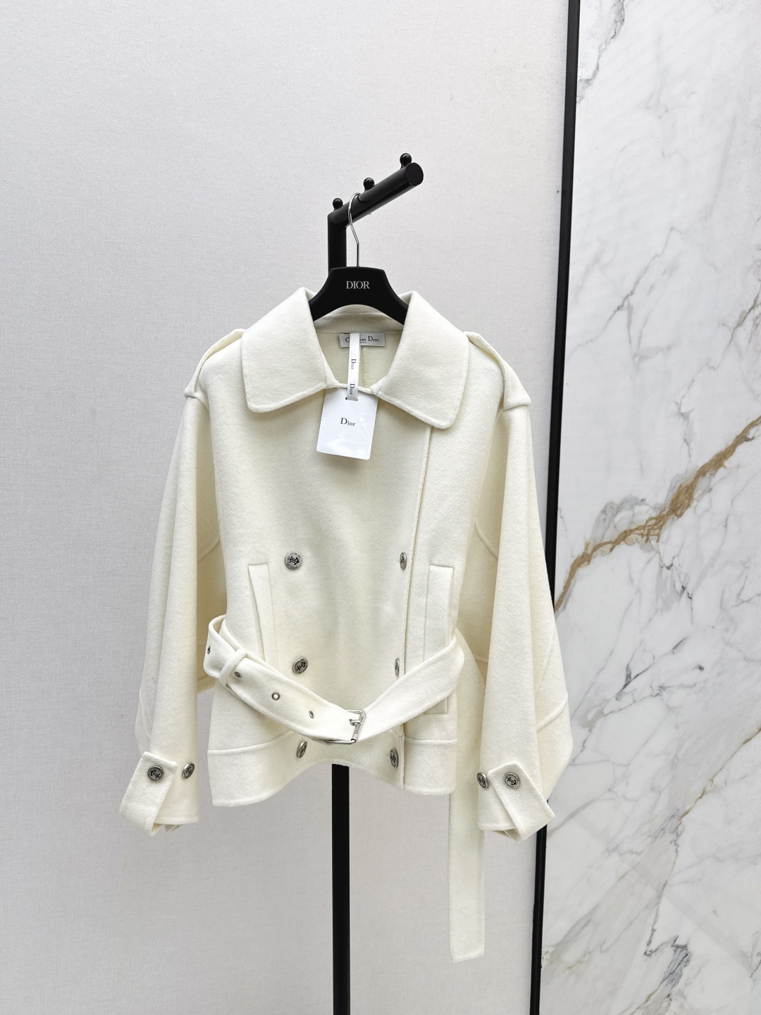 Dior Double-Breasted Wool-Cashmere Short Coat with Belt - Elegant & Warm
