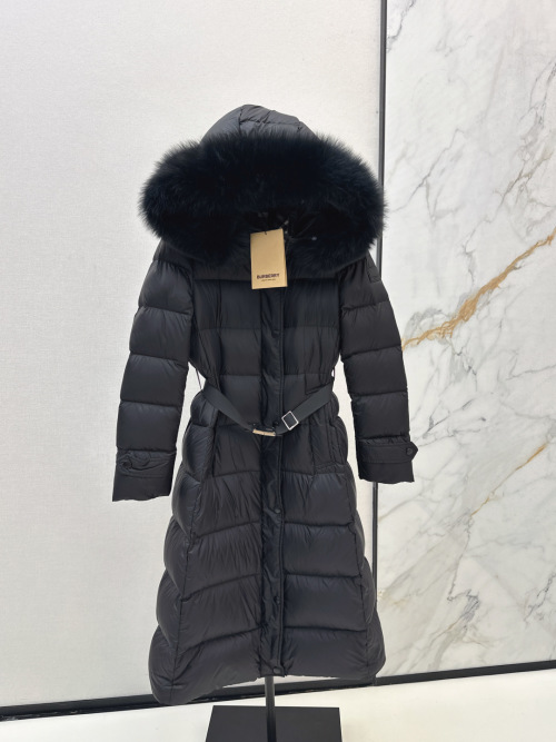 Burberry Women's Black Down Puffer Coat with Fur Hood and Belt 1 Burberry Women's Black Down Puffer Coat with Fur Hood and Belt