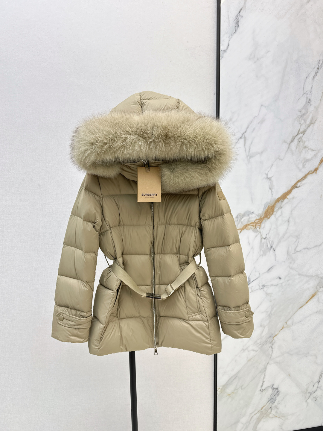 Burberry Women's Down Padded Jacket with Fur Collar, Hood, and Belt