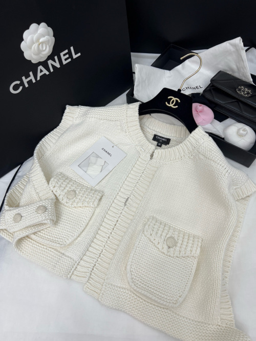 Chanel Women's Knit Vest Cardigan - Short, Wide Shoulder Design with Pockets 1 Chanel Women's Knit Vest Cardigan - Short, Wide Shoulder Design with Pockets