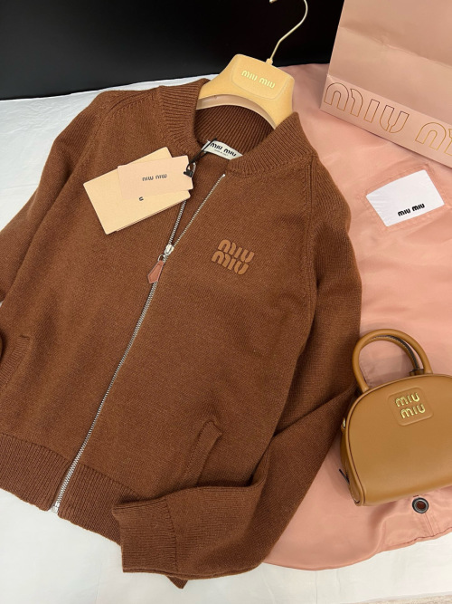 Miu Miu Caramel Zip-Up Cardigan - Soft Knit, Versatile Style, and Comfortable Fit 1 Miu Miu Caramel Zip-Up Cardigan - Soft Knit, Versatile Style, and Comfortable Fit