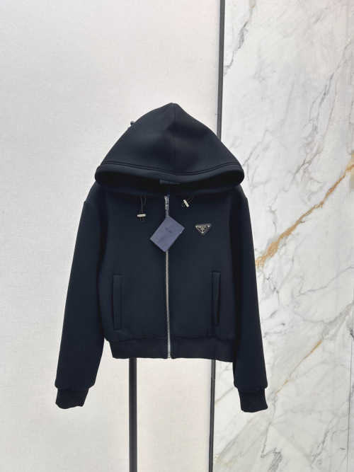 Prada Women's Black Zip-Up Hoodie with Metal Logo - Casual & Stylish 1 Prada Women's Black Zip-Up Hoodie with Metal Logo - Casual & Stylish