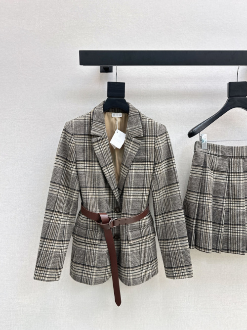 Women's Plaid Blazer Skirt Set, Wool Blend, Belted Waist, Casual Style 1 Women's Plaid Blazer Skirt Set, Wool Blend, Belted Waist, Casual Style