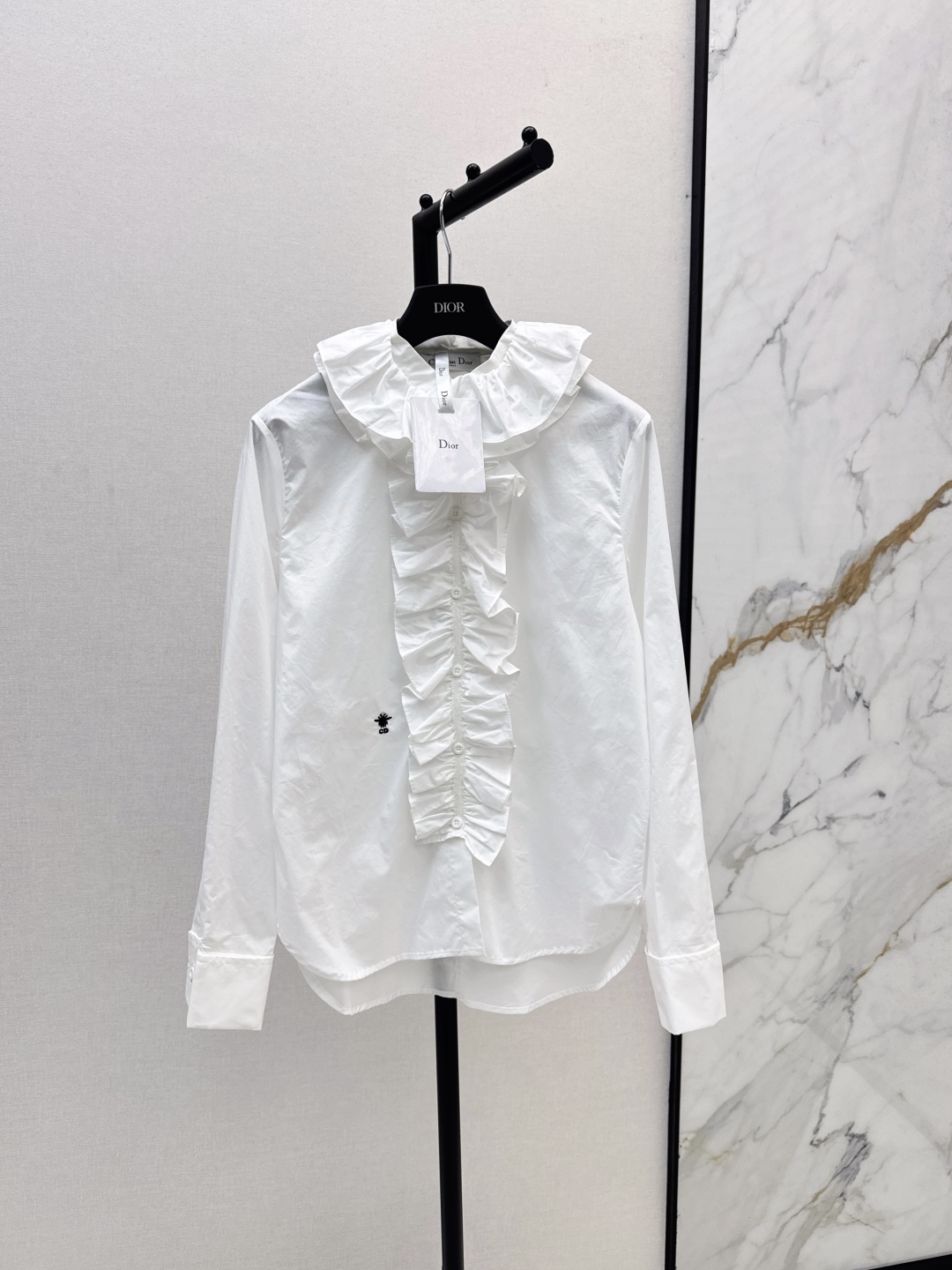 Dior Women's White Ruffle Trim Long Sleeve Blouse,Bee Embroidery, Cotton Fabric 2 cmp i1756718907946 36 0 0