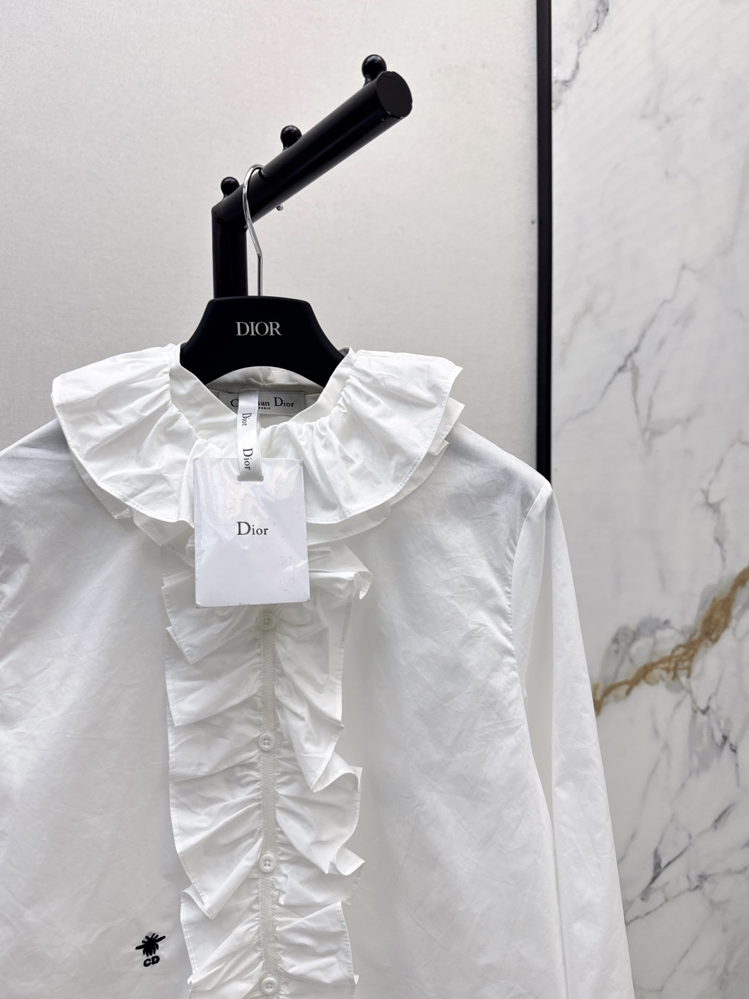 Dior Women's White Ruffle Trim Long Sleeve Blouse,Bee Embroidery, Cotton Fabric 5 cmp i1756718907947 8696 0 3