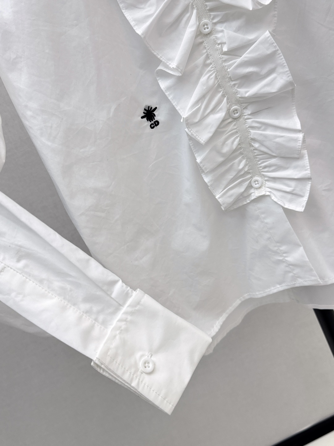 Dior Women's White Ruffle Trim Long Sleeve Blouse,Bee Embroidery, Cotton Fabric 7 cmp i1756718910696 6138 0 5