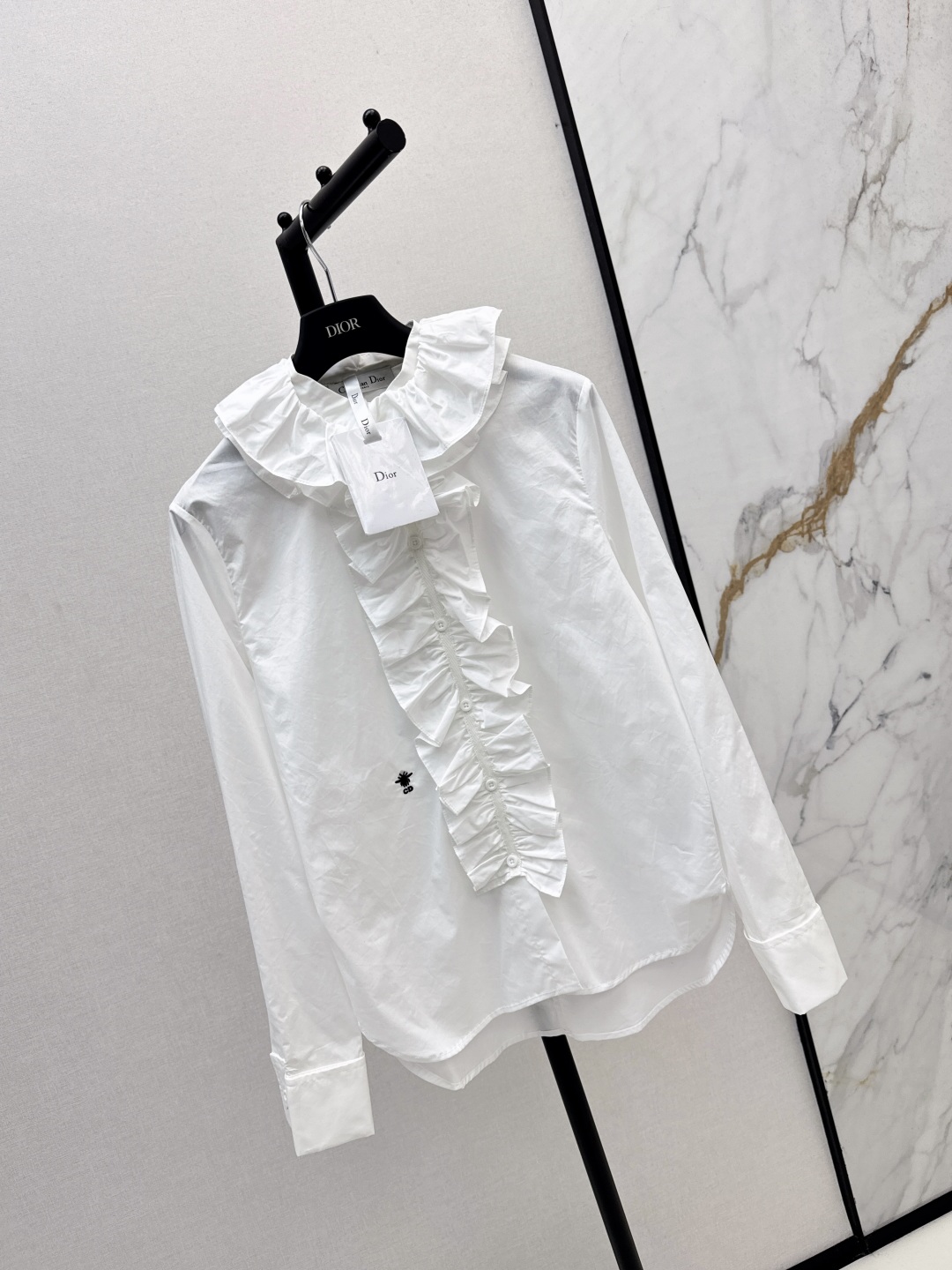 Dior Women's White Ruffle Trim Long Sleeve Blouse,Bee Embroidery, Cotton Fabric 3 cmp i1756718910700 8528 0 1