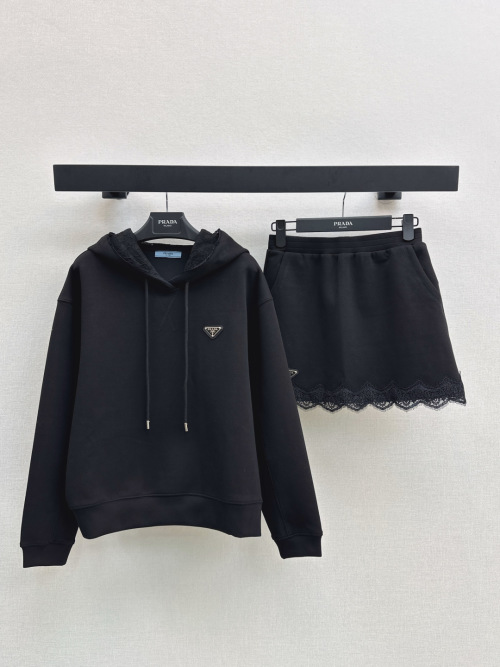 Prada Women's Lace Trim Hoodie and Skirt Set - Casual Chic Loungewear 1 Prada Women's Lace Trim Hoodie and Skirt Set - Casual Chic Loungewear