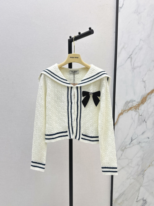 Miu Miu 25Ss Knit Cardigan with Bow and Sailor Collar In White 1 Miu Miu 25Ss Knit Cardigan with Bow and Sailor Collar In White