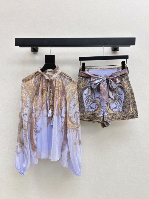 Baroque Print Silk Set - Romantic Blouse and Shorts with Bow Detail 1 Baroque Print Silk Set - Romantic Blouse and Shorts with Bow Detail