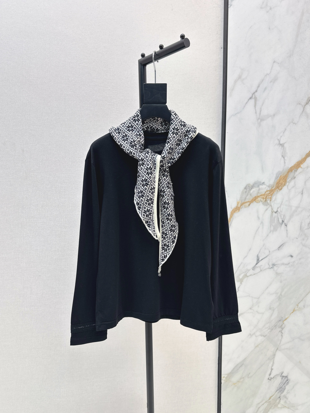 Elegant Long Sleeve T-Shirt with Silk Scarf - Fashionable and Chic